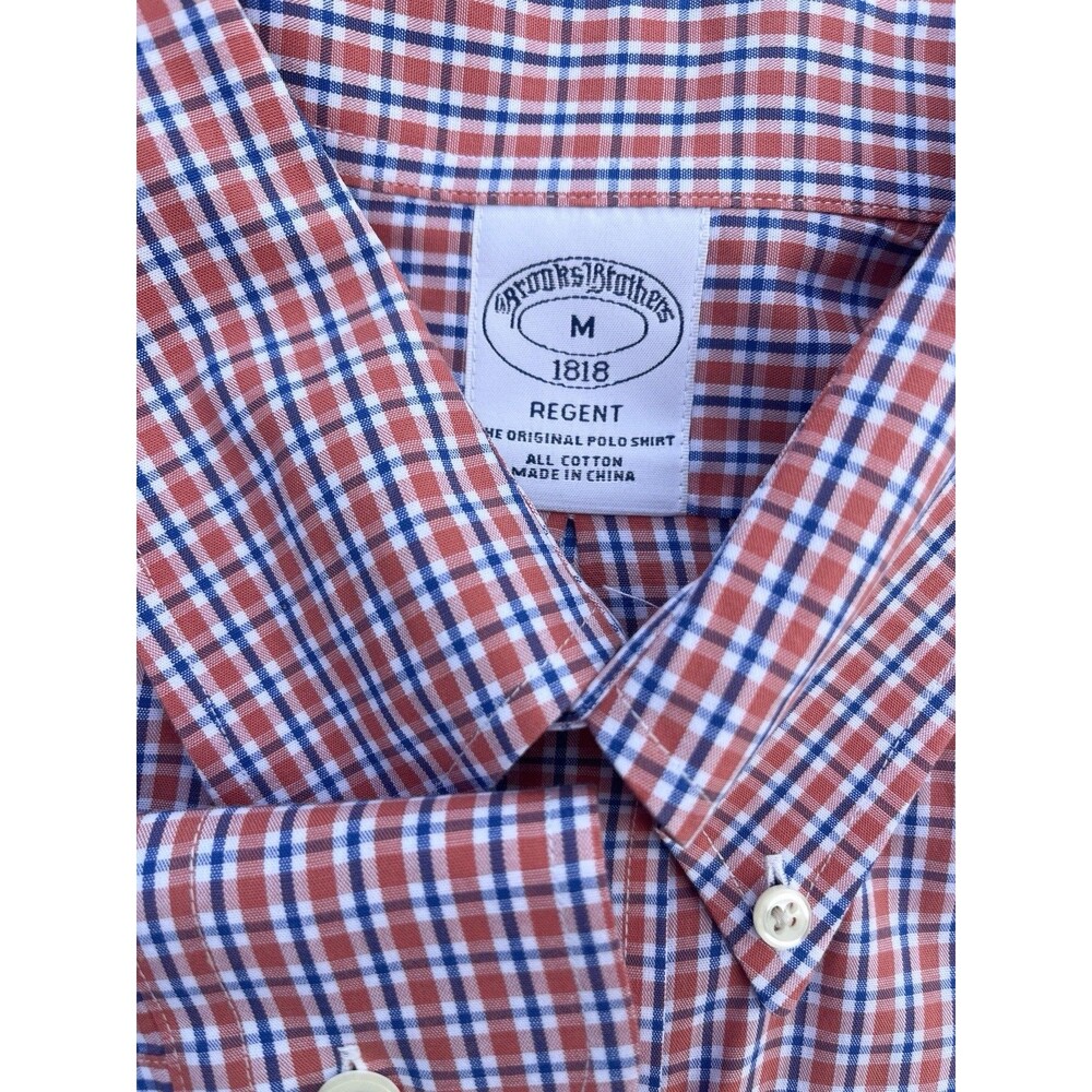 Brooks Brothers 1818 Mens Medium Plaid Button Down Shirt Regent Fit Orange Blue